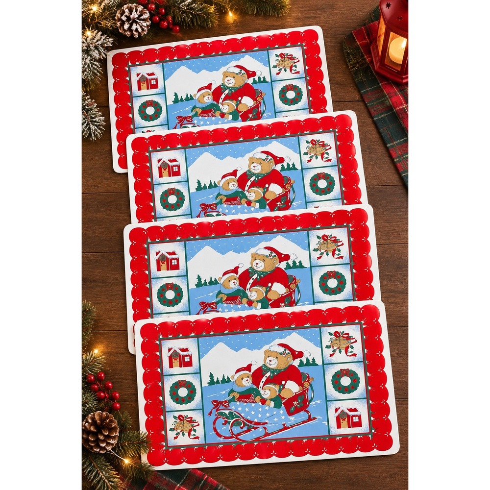Vintage 1991 Christmas Teddy Bear Sleigh Placemats Set of 4 Retro Holiday